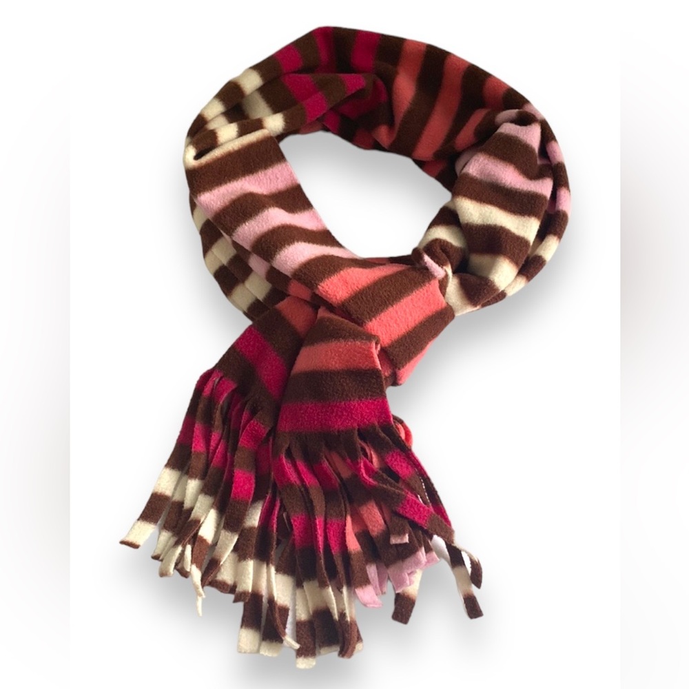 OLD NAVY Pink Brown Cream Stripped Fleece Scarf with Fringes  Sz 10”x 68